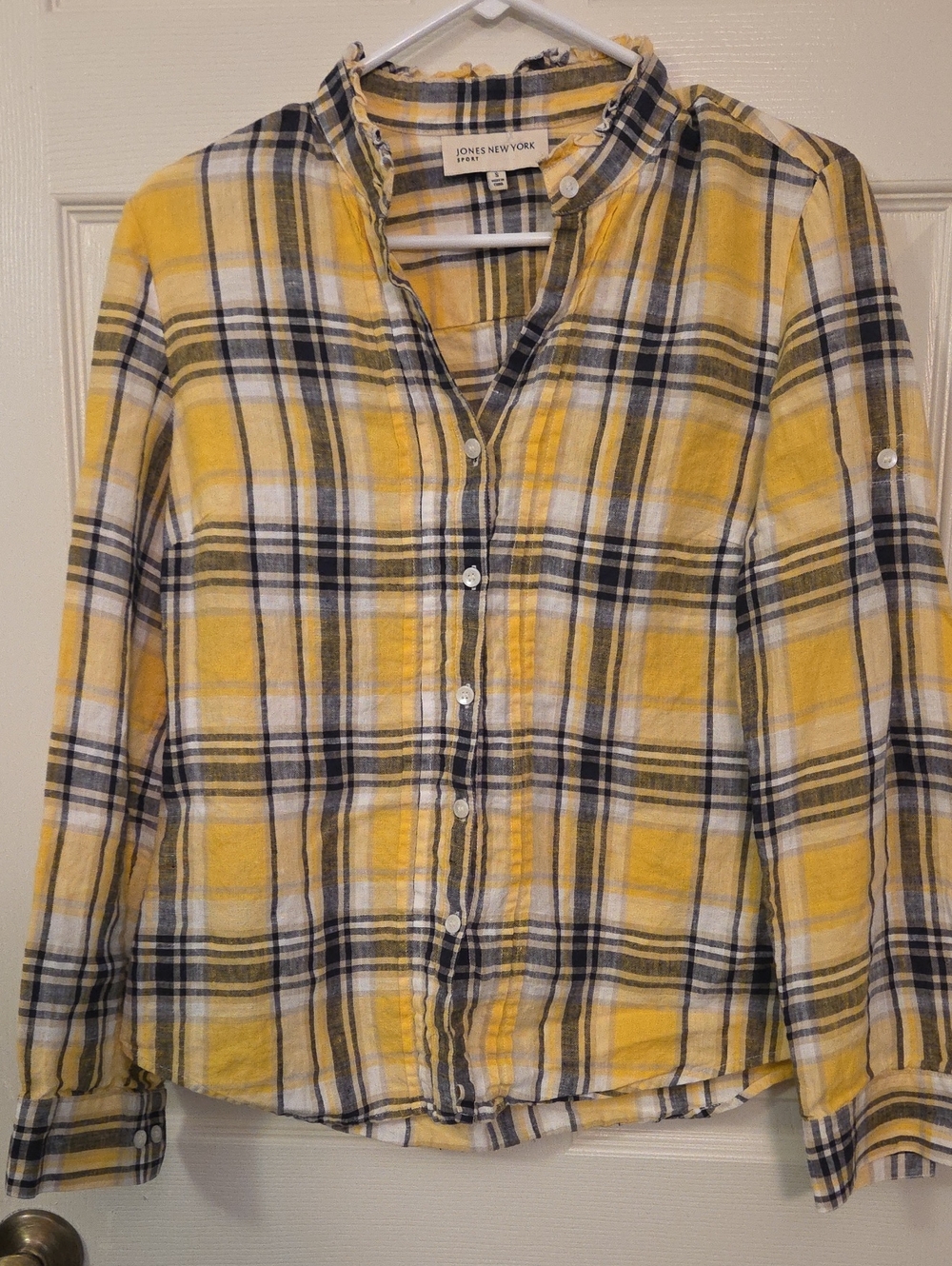 Jones New York Yellow White Gray Plaid Button-Front Shirt Medium